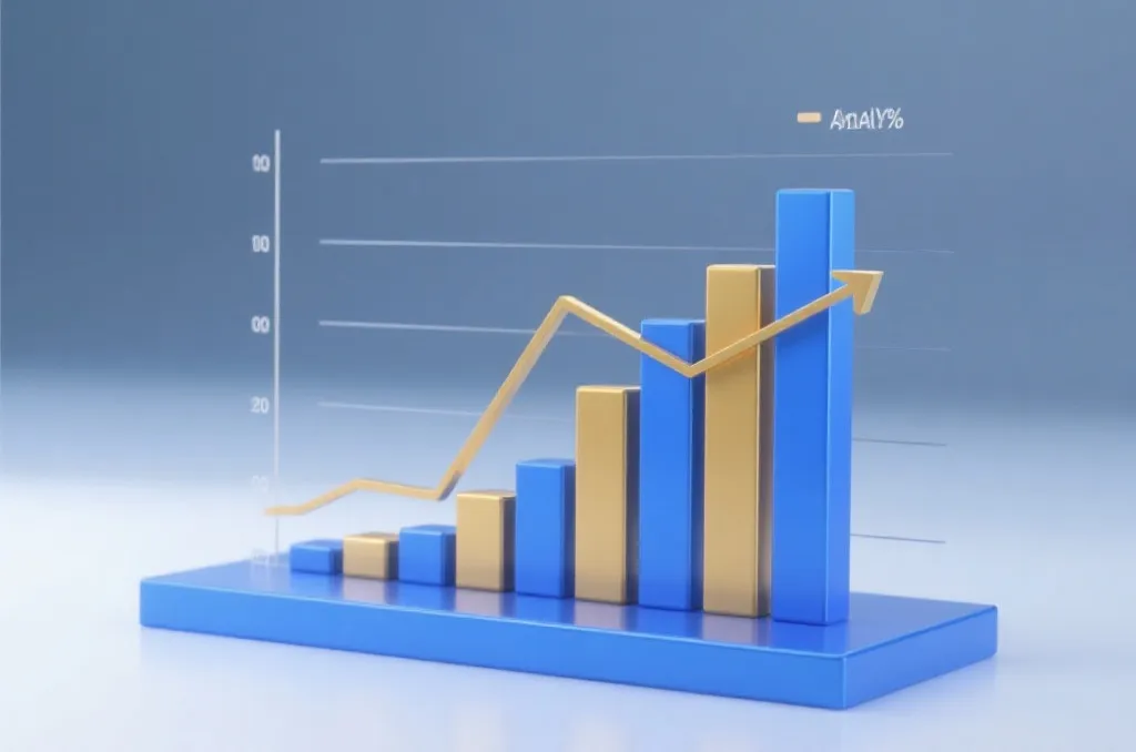 A clean, modern 3D financial bar chart showing comparative data analysis with blue and gold accents.