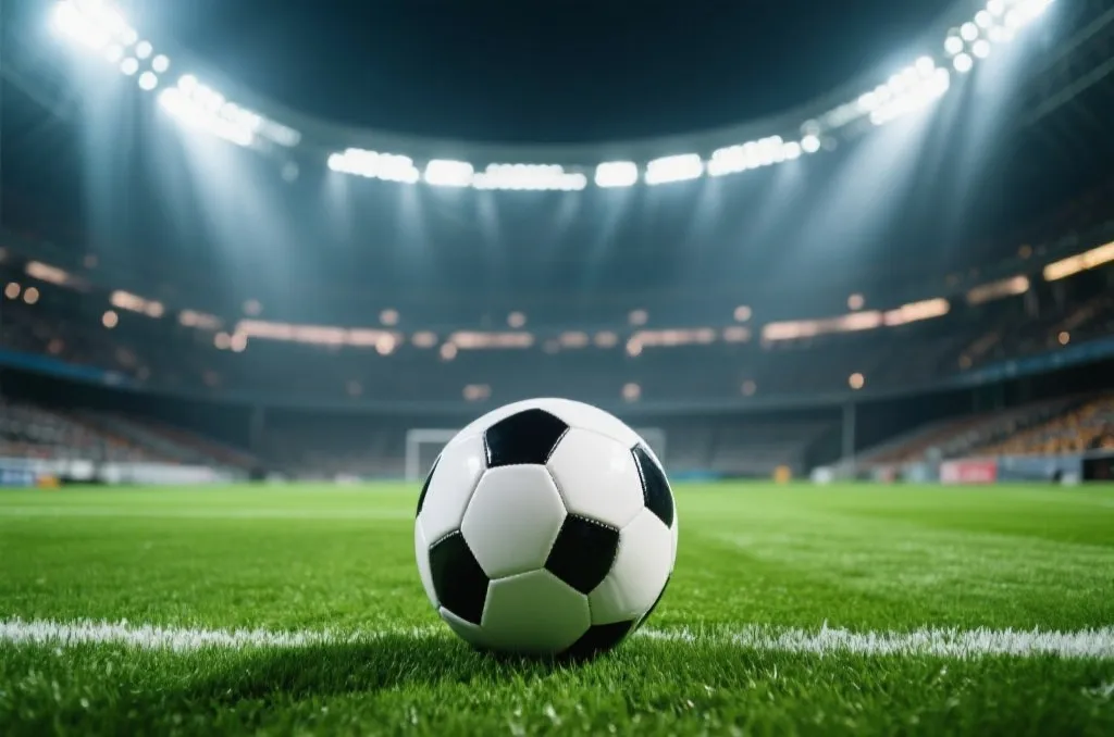 Soccer ball on a pristine green grass field inside a stadium under bright lights